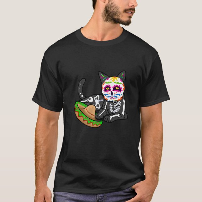 Dia De Los Muertos  for Men Cute Flower Cat Sugar  T-Shirt (Vorderseite)
