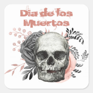 Dia de los Muertos Gray Pink Rose Skull Quadratischer Aufkleber