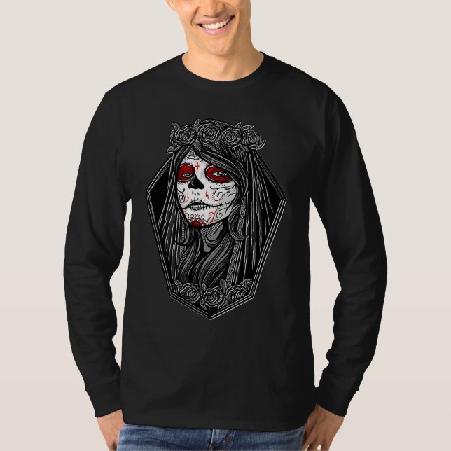 Dia de los Muertos Halloween Roses Mexican Sugar S T-Shirt (Vorderseite)
