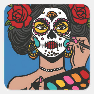 Dia de los Muertos Hand Drawn Catrina Quadratischer Aufkleber