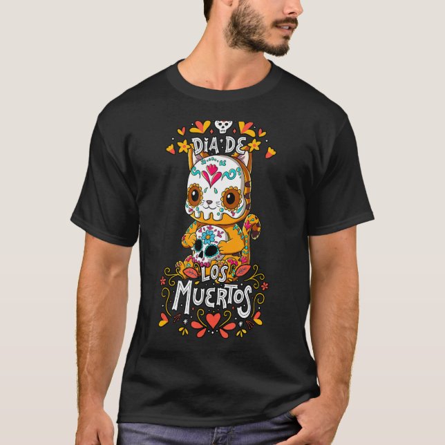 Dia De Los Muertos Katze T-Shirt (Vorderseite)