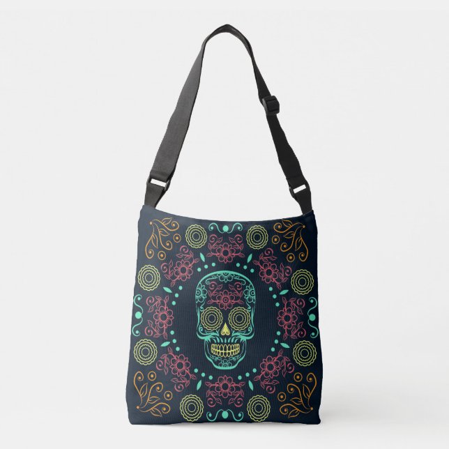 Dia de los Muertos Neon Floral Skull Body Bag Tragetaschen Mit Langen Trägern (Vorderseite)