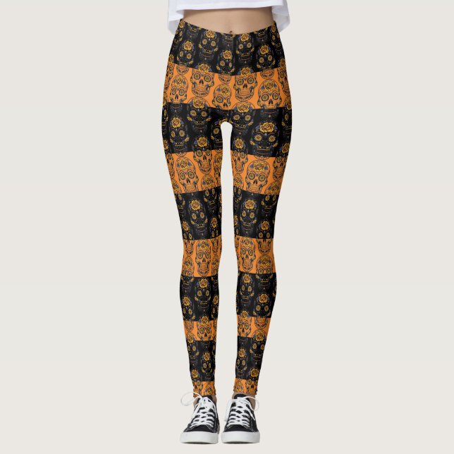 Dia De Los Muertos Orange Black Stripe Sugar Skull Leggings (Vorderseite)