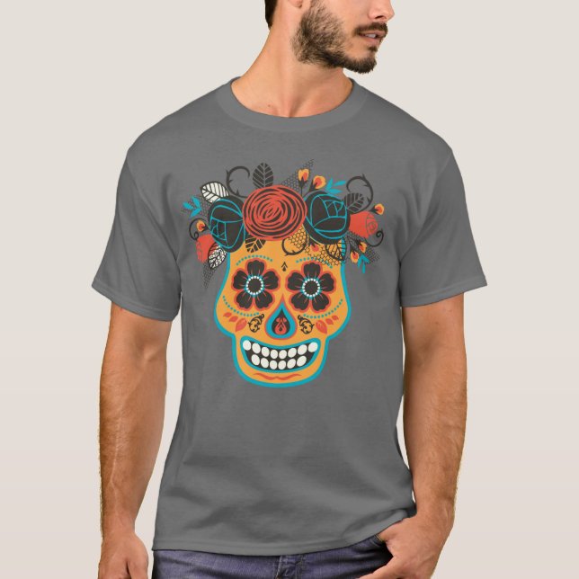 Dia de los Muertos Orange Sugar Skull T-Shirt (Vorderseite)