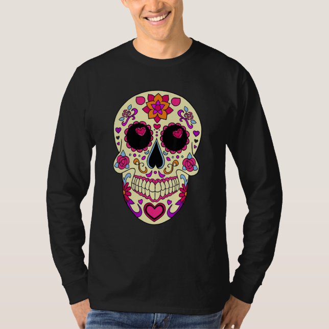 Dia De Los Muertos Pink Hearts Mask Skull T-Shirt (Vorderseite)