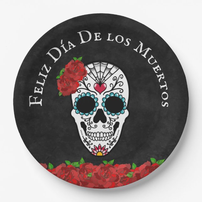 Día De Los Muertos Red Turquoise Sugar Skull Pappteller (Vorderseite)