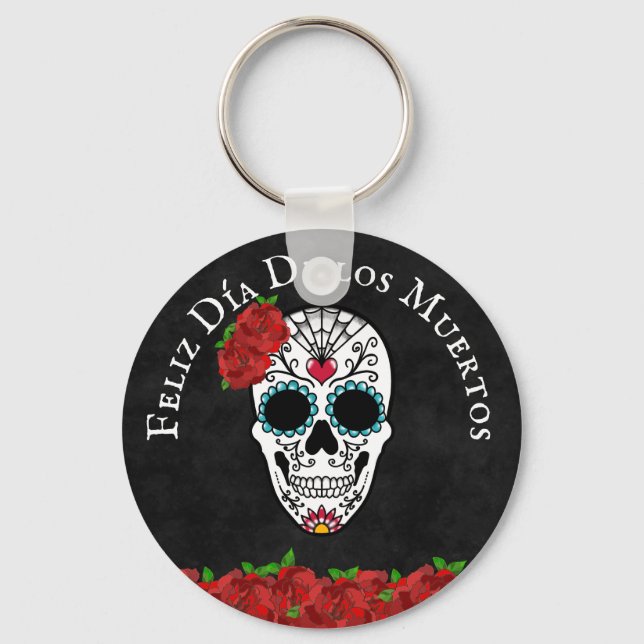 Dia De Los Muertos Red Turquoise Sugar Skull Schlüsselanhänger (Vorderseite)