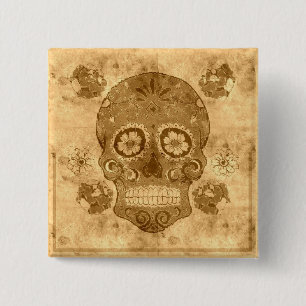 Dia de los muertos -- Sepia Zucker-Schädel-Knopf Button