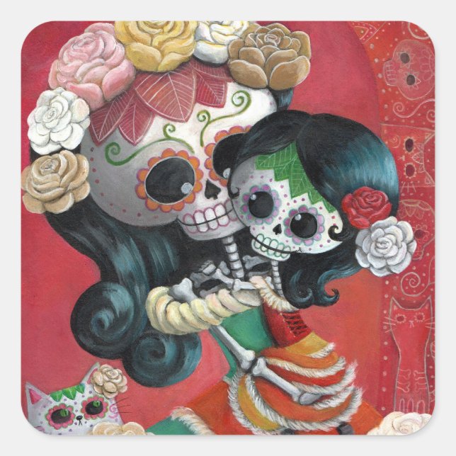 Dia de Los Muertos Skeletons Mutter und Tochter Quadratischer Aufkleber (Vorderseite)