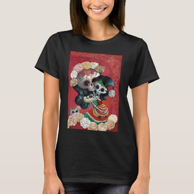 Dia de Los Muertos Skeletons Mutter und Tochter T-Shirt (Vorderseite)