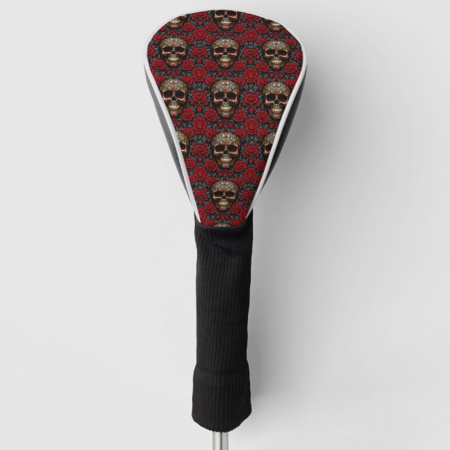 Dia de los Muertos Skull mit Rote Rosen Golf Headcover (Vorderseite)