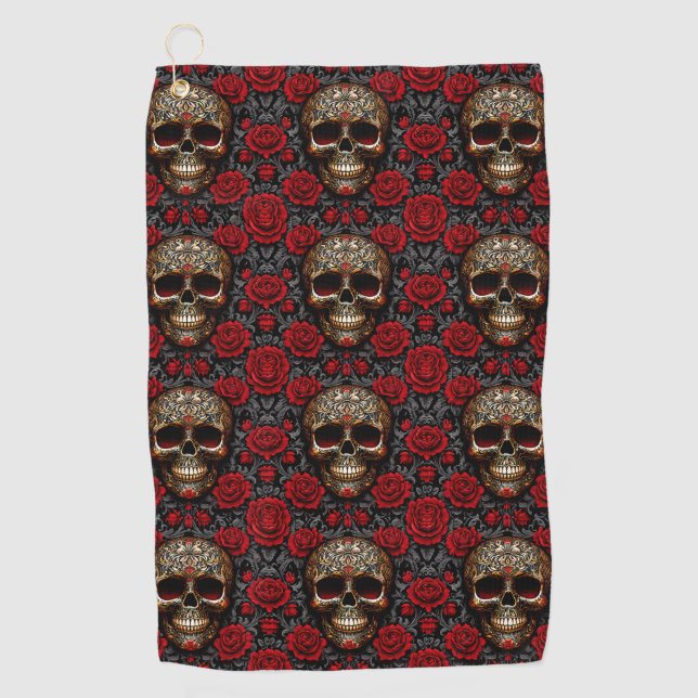 Dia de los Muertos Skull mit Rote Rosen Golfhandtuch (Vorderseite)