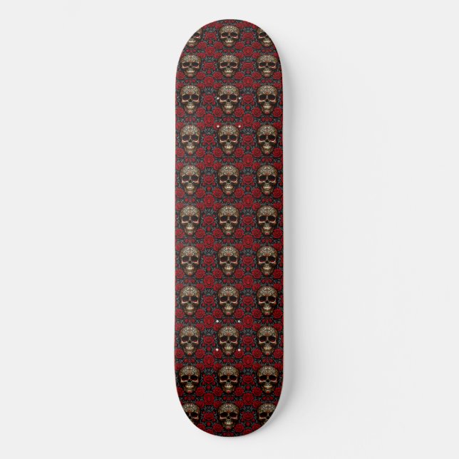Dia de los Muertos Skull mit Rote Rosen Skateboard (Vorderseite)