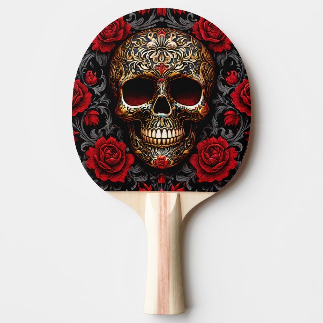 Dia de los Muertos Skull mit Rote Rosen Tischtennis Schläger (Vorderseite)