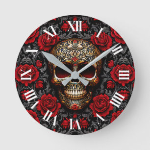 Dia de los Muertos Skull und Rote Rosen Runde Wanduhr