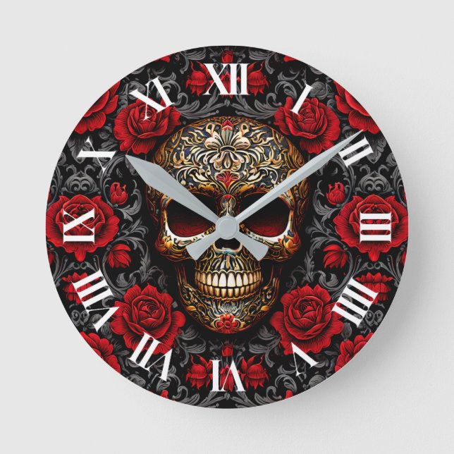 Dia de los Muertos Skull und Rote Rosen Runde Wanduhr (Vorderseite)