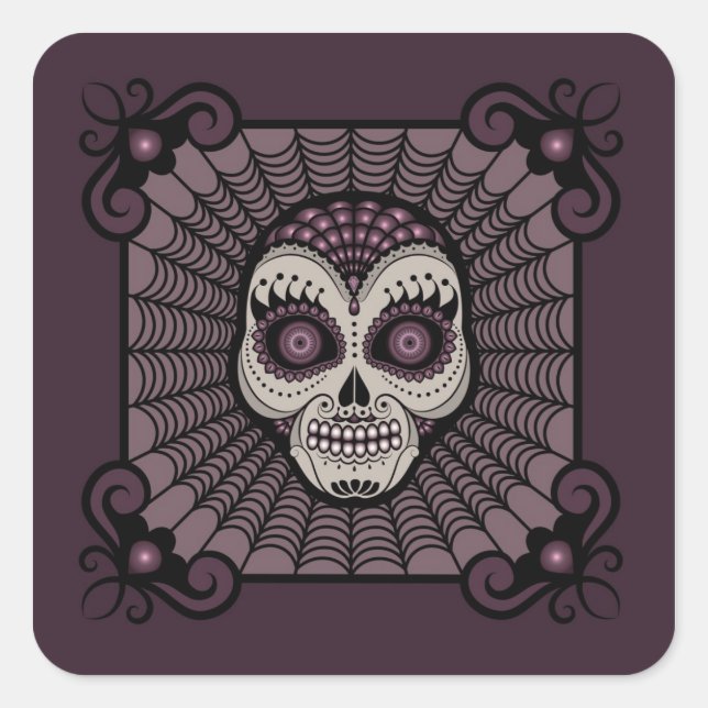 Dia de los Muertos spiderweb skull Quadratischer Aufkleber (Vorderseite)