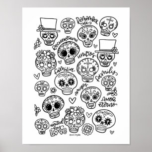 Dia De Los Muertos - Sugar Skull Coloring Page Poster