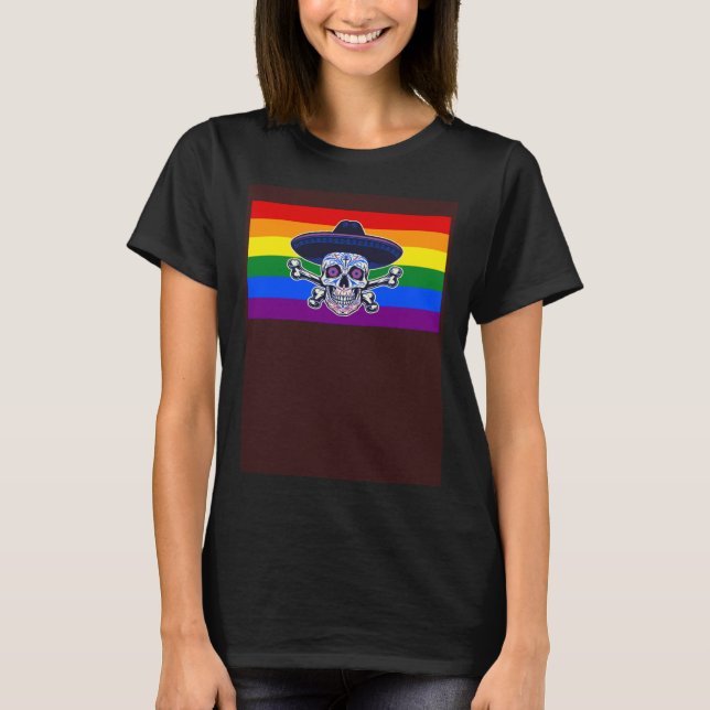 Dia De Los Muertos Sugar Skull Gay Pride Flag Mexi T-Shirt (Vorderseite)