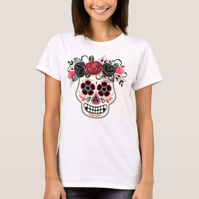 Dia de los Muertos Sugar Skull mit schwarzen Rose T-Shirt (Vorderseite)