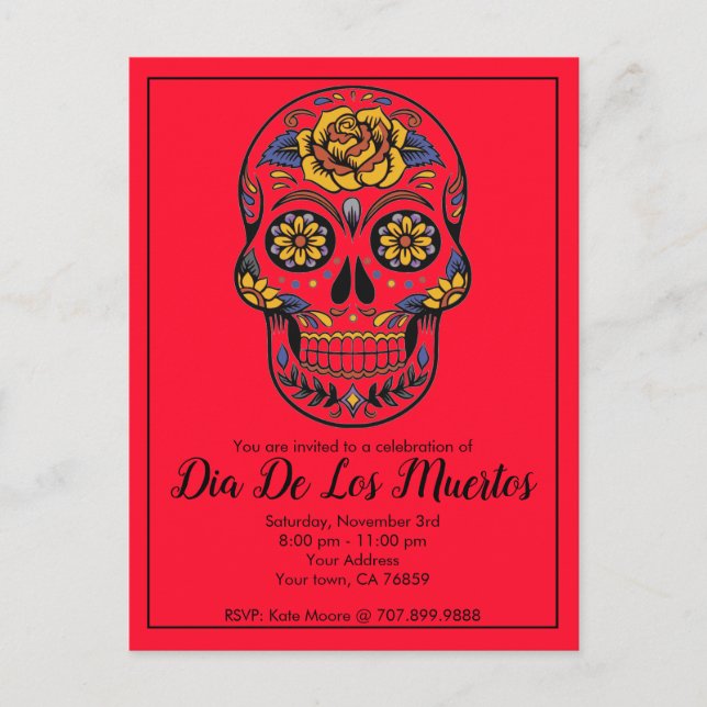 Dia De Los Muertos Sugar Skull Red Party Einladungspostkarte (Vorderseite)