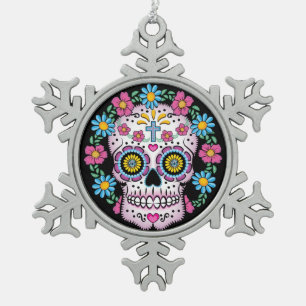 Dia de los Muertos Sugar Skull Schneeflocken Zinn-Ornament