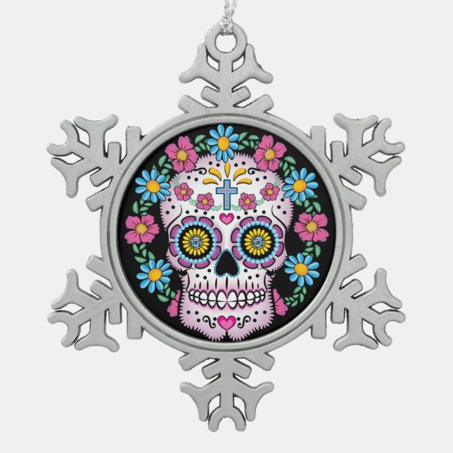 Dia de los Muertos Sugar Skull Schneeflocken Zinn-Ornament (Vorderseite)