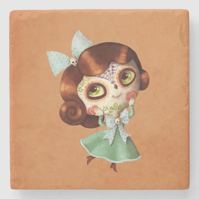 Dia de Los Muertos Vintag Doll Steinuntersetzer (Vorderseite)