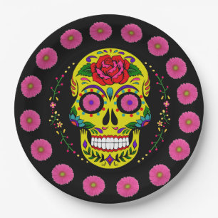 Dia de los Muertos Yellow Sugar Skull & Pink Daisy Pappteller