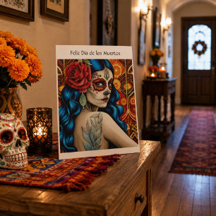 Día de los Muertos Zucker-Schädel-Frau rote Rose Feiertagskarte