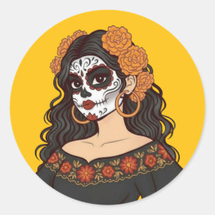Día de Muertos Day of the Dead Catrina Marigolds Runder Aufkleber