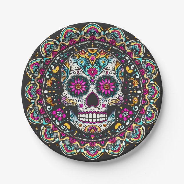 Día de Muertos Day of the Dead Mandala Halloween Pappteller (Vorderseite)