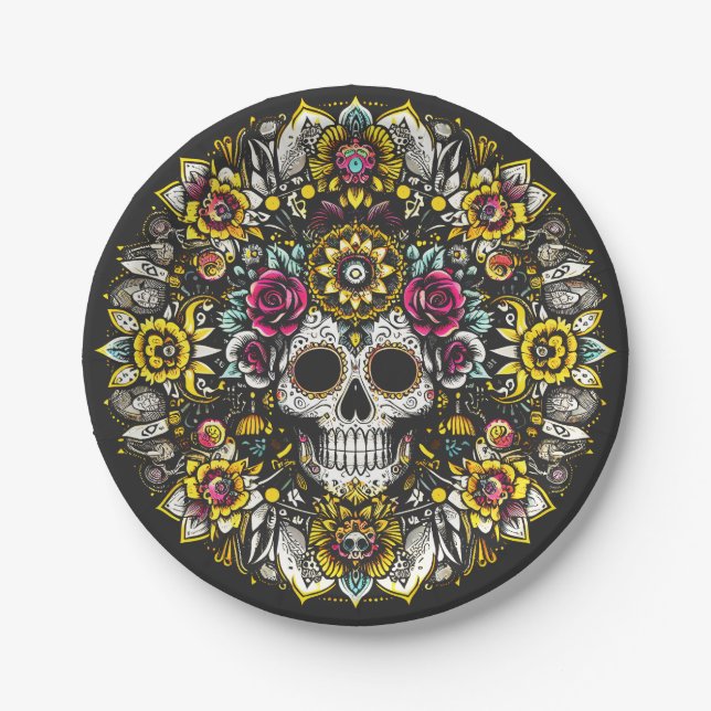 Día de Muertos Day of the Dead Mandala Halloween Pappteller (Vorderseite)