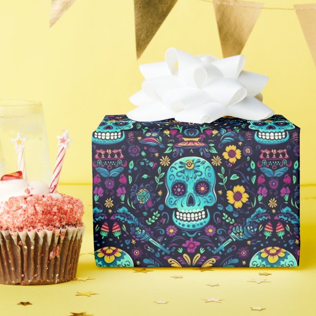 Día de Muertos Reverie: Türkis Sugar Skull Spec Geschenkpapier (Geburtstagsparty)