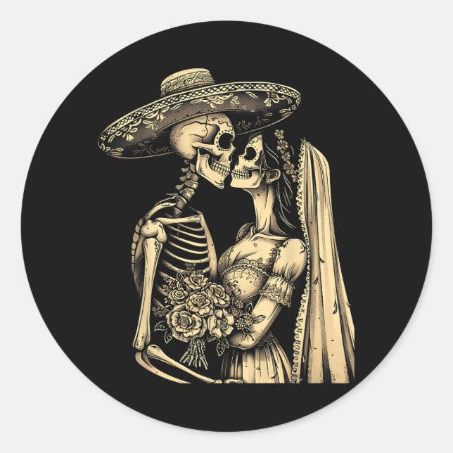Dia De Muertos Sugar Skull Couple Skeleton Bride W Runder Aufkleber (Vorderseite)