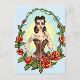Día de Muertos Tag der Toten Vintage-Tattoo-Dame Postkarte