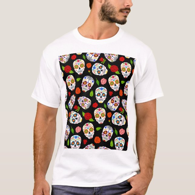 Dia Los Muertos: Zuckerschädel Muster. T-Shirt (Vorderseite)