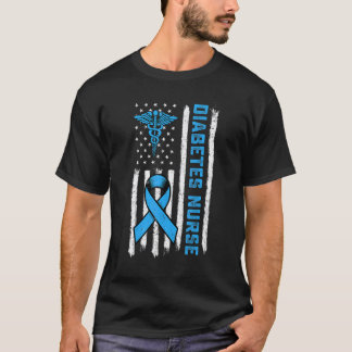 Diabetes Awareness Month Nurse USA Flag Blue Ribbo T-Shirt