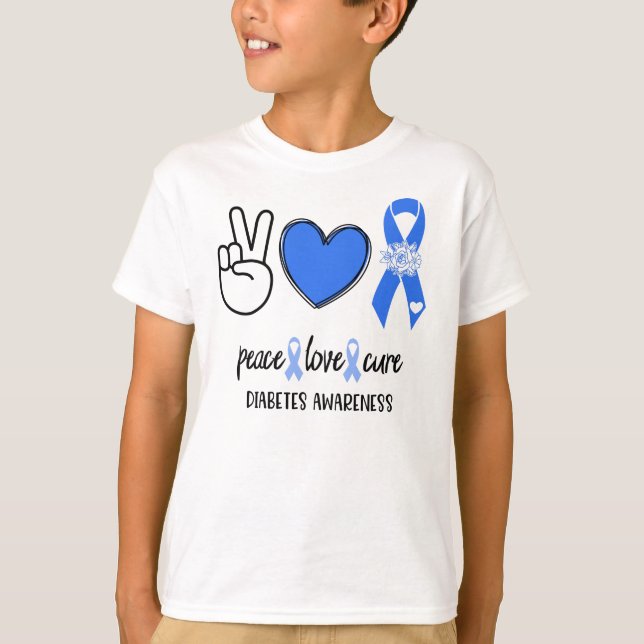 Diabetes Awareness Peace Liebe Kur tragen wir Blue T-Shirt (Vorderseite)