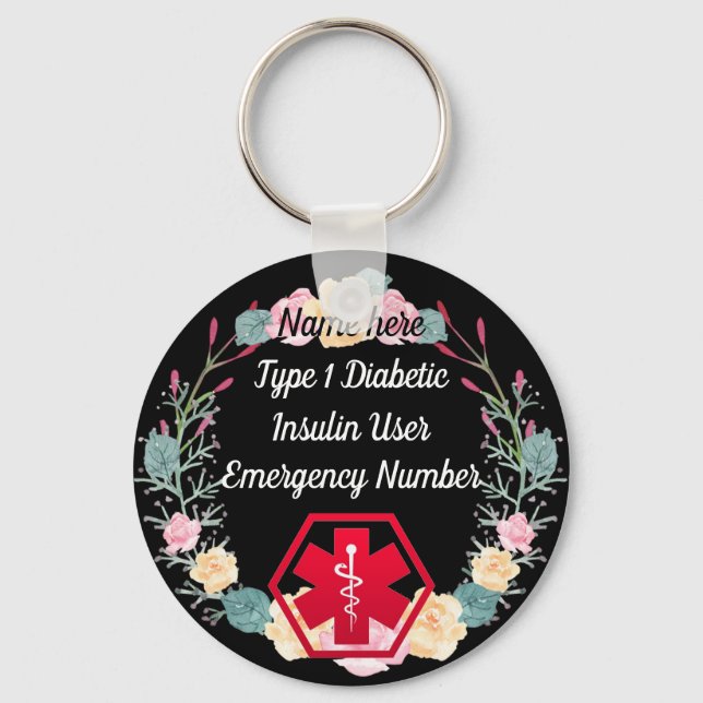Diabetische Warnhinweise Personalisiert Typ 1 oder Schlüsselanhänger (Vorderseite)