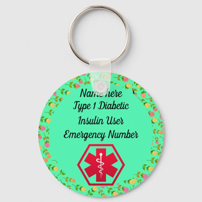 Diabetische Warnhinweise Personalisiert Typ 1 oder Schlüsselanhänger (Vorderseite)