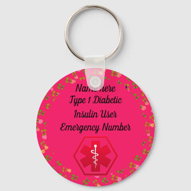 Diabetische Warnhinweise Personalisiert Typ 1 oder Schlüsselanhänger (Vorderseite)