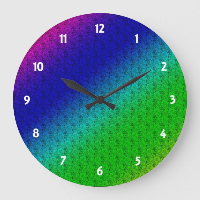 Diag Rainbow Gradient Blumenmuster Blau Grün Große Wanduhr (Vorderseite)