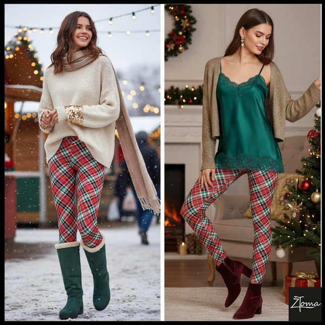 Diagonal Christmas Plaid Red Green Tartan Leggings (Von Creator hochgeladen)