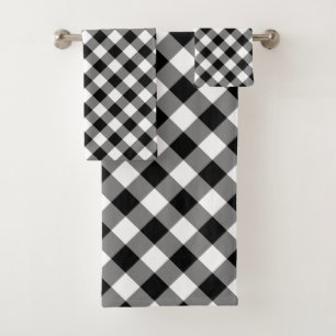 Diagonal-Gingham-Karo in Schwarz und Weiß Badhandtuch Set