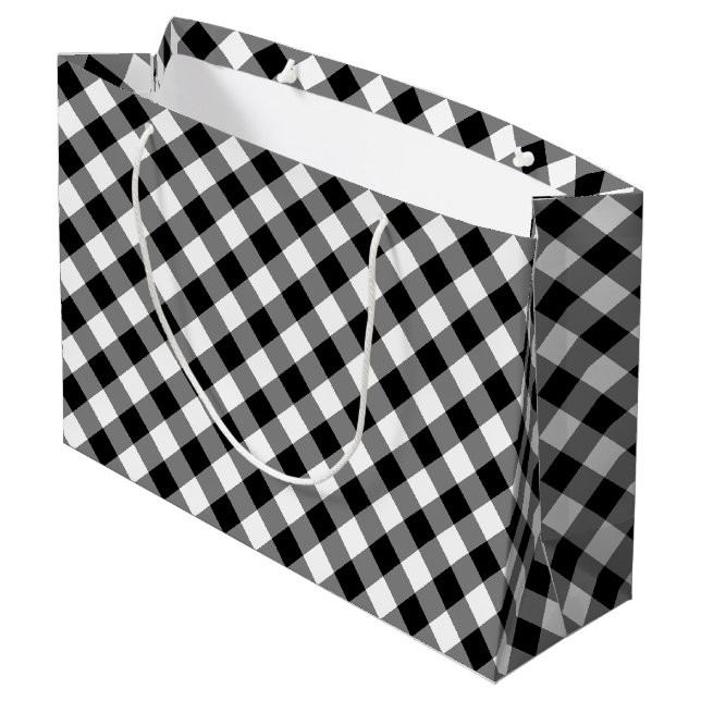 Diagonal-Gingham-Karo in Schwarz und Weiß Große Geschenktüte (Rückseite Schrägansicht)