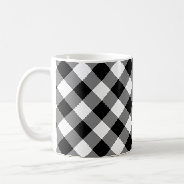 Diagonal-Gingham-Karo in Schwarz und Weiß Kaffeetasse (Links)