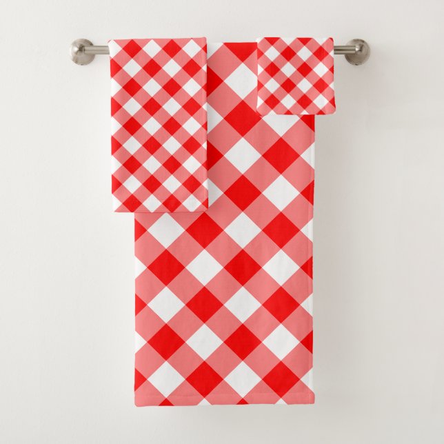 Diagonal-Gingham-Karo, rot und weiß, groß Badhandtuch Set (Insitu)