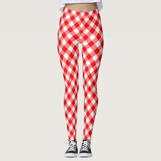 Diagonal Gingham Karo, rot und weiß Leggings (Vorderseite)