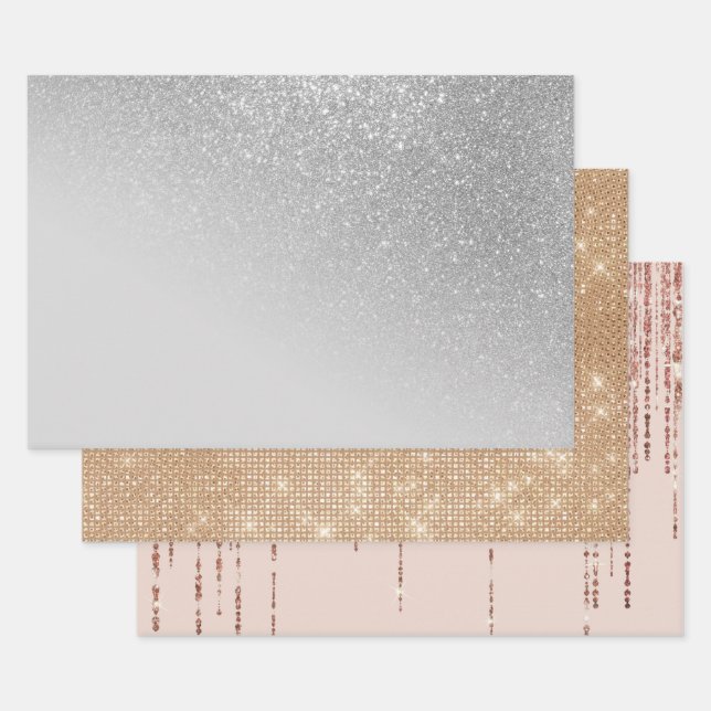 Diagonal Gray Silver Glitzer Gradient Ombre Geschenkpapier Set (Set)